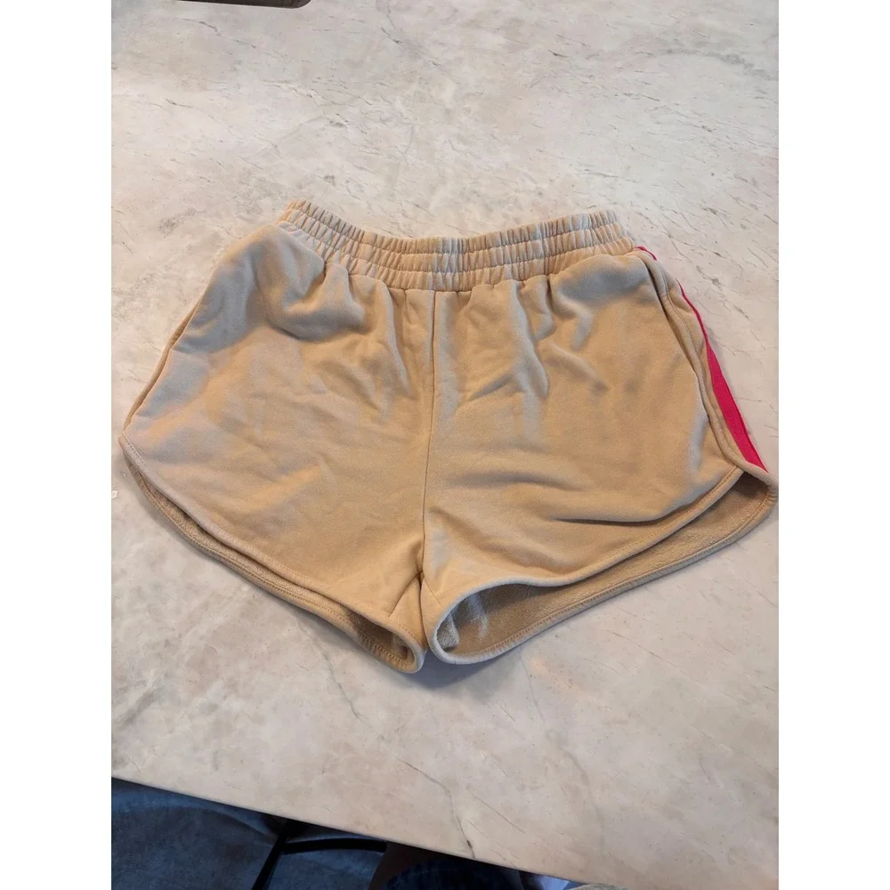Womens Tan Fleece Dolphin Shorts Rainbow Side Stripe Elastic Waist Casual Size M